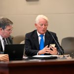 Terry McManus, right, with his attorney, Assistant Public Defender Bill Bookhammer. This morning, McManus pleaded no contest to a misdemeanor charge of falsifying a police report and the prosecution in exchange dropped a felony fraud case against him. It was scheduled for trial this morning. (© FlaglerLive)