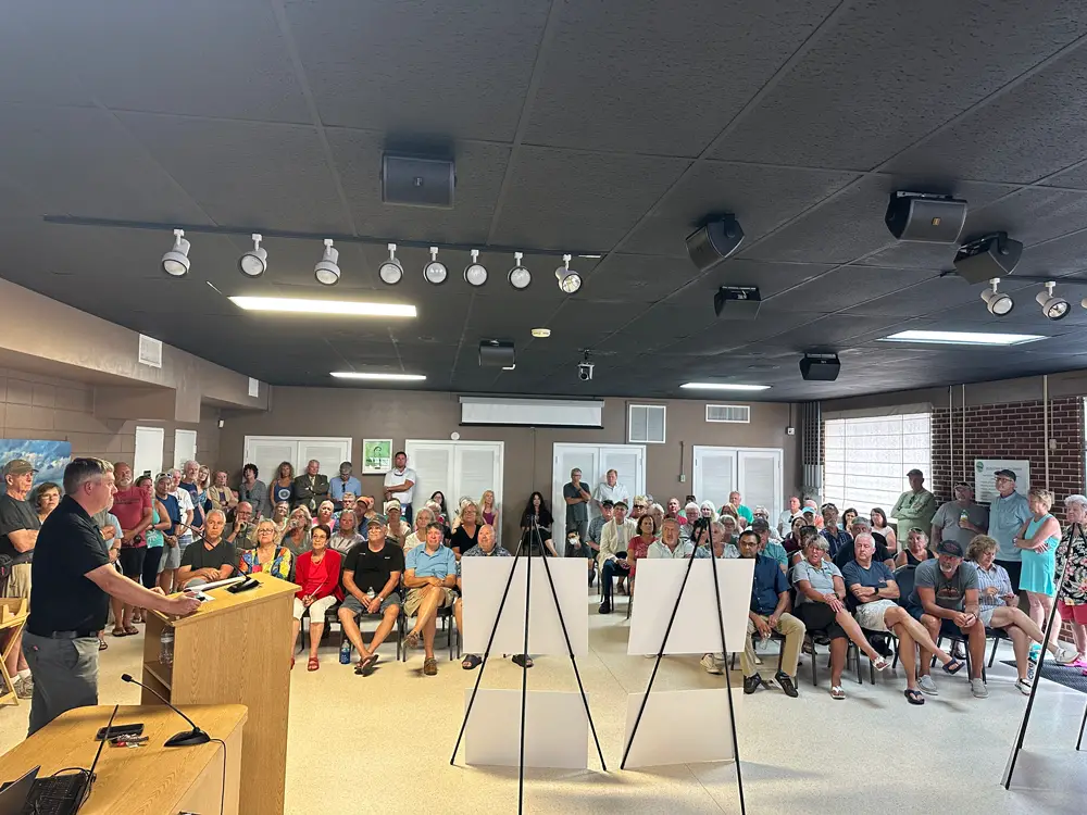 Some 80 people turned up, including most of the city commission and its new manager, Dale Martin, to hear the developer and contractor of the coming Margaritaville Hotel describe how construction will mesh with downtown over the next 18 months. (© FlaglerLive)