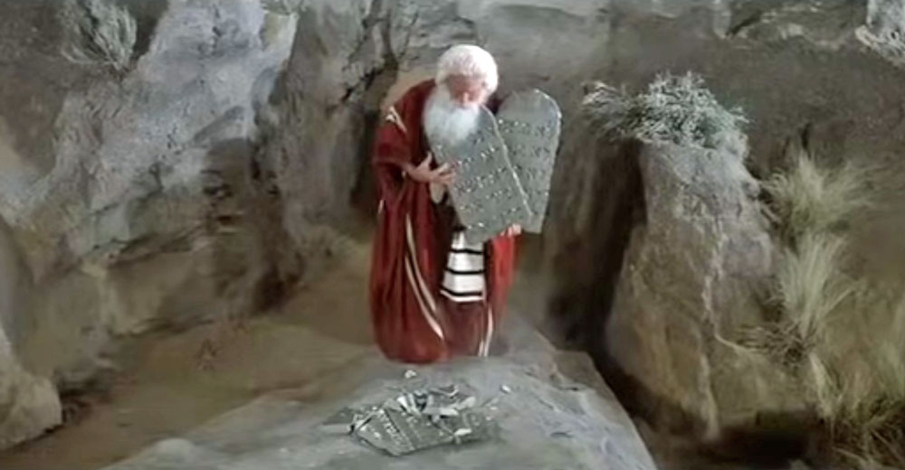 A distraught Moses, played by Mel Brooks, after breaking five of the 15 Commandments he's about to impart to his people from God, in "History of the World Part 1" (1981).