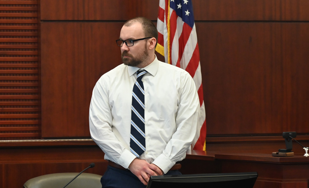 James Melady eying the jury as it was walking in yesterday, just before his testimony in his defense. (© FlaglerLive)