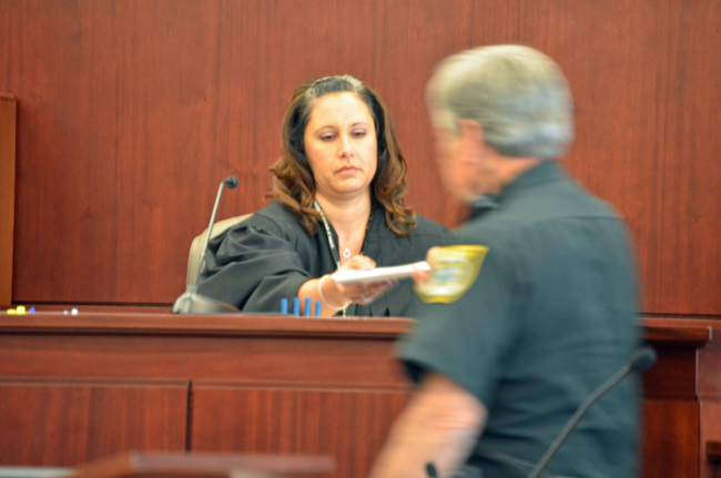 Flagler County Judge Melissa Moore-Stens on Wednesday was displeased by Palm Coast not showing up at its own red-light camera hearing, but said the matter will be resolved one way or the other. (© FlaglerLive)