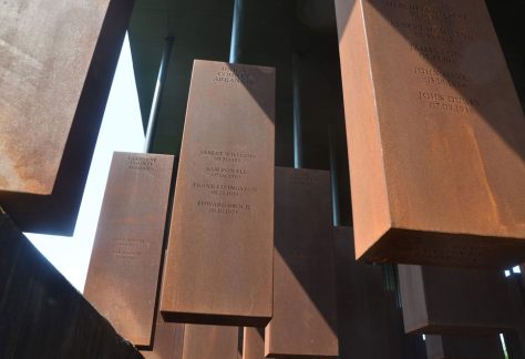 At the National Memorial for Peace and Justice in Alabama, some of the corten steel columns representing 800 counties in the United States where a racial terror lynching .took place. (© FlaglerLive)