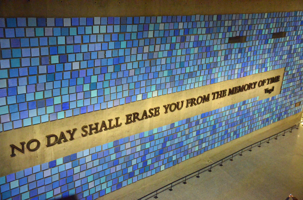 An inscription on a wall at the 9/11 Memorial Museum at the site of the World Trade Center towers. Behind the wall is a repository of some 8,000 unidentified human remains. Virgil's quote, however, was taken out of context, and misapplied to the memory of the 9/11 victims. (© Pierre Tristam/FlaglerLive)