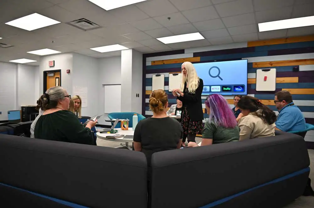 The Matanzas High School and Flagler Palm Coast High School book-review committees met jointly Tuesday at Matanzas to review The Truth About Alice. The committees voted to keep the book on library shelves. (© FlaglerLive)