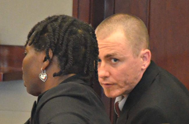 Michael Wilson with his attorney, Assistant Public Defender Regina Nunnally, this afternoon in court. (© FlaglerLive)