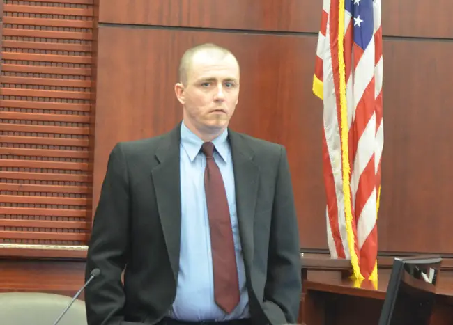 Michael Wilson, who faces an attempted first-degree murder charge, just before testifying this afternoon in Circuit Court at the Flagler County courthouse. (c FlaglerLive)