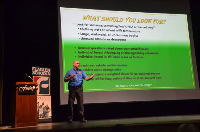 The Flagler County Sheriff’s Sgt. Mike Lutz during safety training for district faculty at the Flagler Auditorium at the beginning of the school year. (© FlaglerLive)