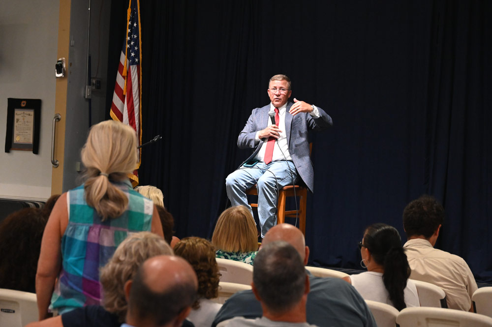 Mike Norris was relaxed and relatively self-controlled if unfocused at his two-hour mayoral town hall Monday evening at the VFW hall in Palm Coast. (© FlaglerLive)