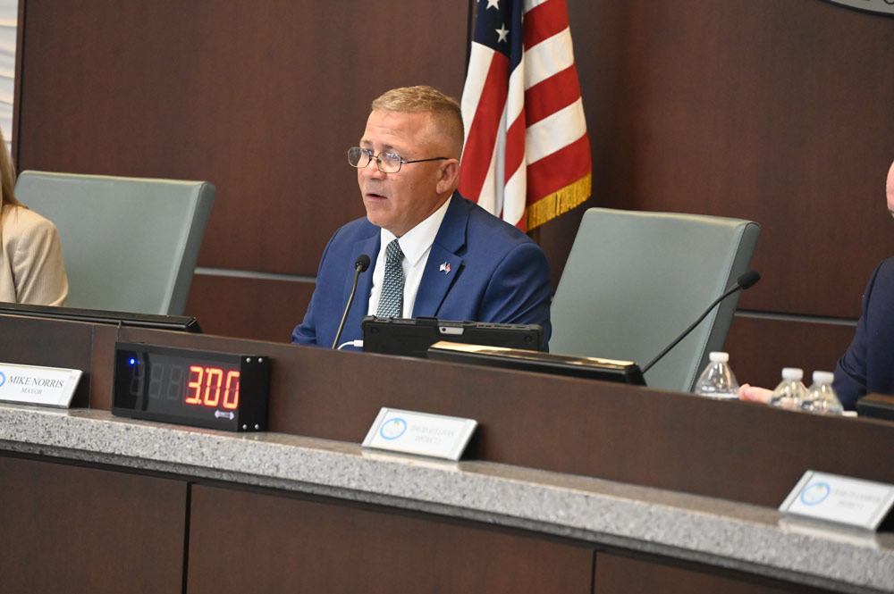 Mayor Mike Norris at Tuesday evening's meeting. (© FlaglerLive)