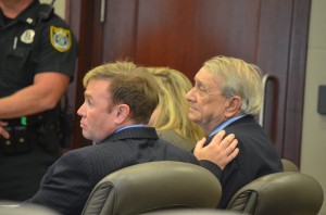 Paul Miller as he heard the guilty verdict, with his attorney Doug Williams. Miller was taken to the Flagler County jail immediately afterward, and was not allowed to speak with his family. (© FlaglerLive)