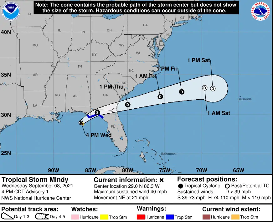 Tropical Storm Mindy's path through northeast Florida is expected to be swift. 