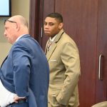 Stephen Monroe, right, with his attorney, Terence Lenamon, late this morning as the jury was filing out to deliberate. (© FlaglerLive)