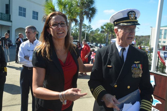 County Judge Melissa Moore-Stens with now-retired Circuit Judge J. David Walsh. Walsh has returned to court on a per-day basis, and may do so more now that the Legislature has appropriated substantial dollars to relieve pressure from Moore-Stens's docket. (© FlaglerLive)