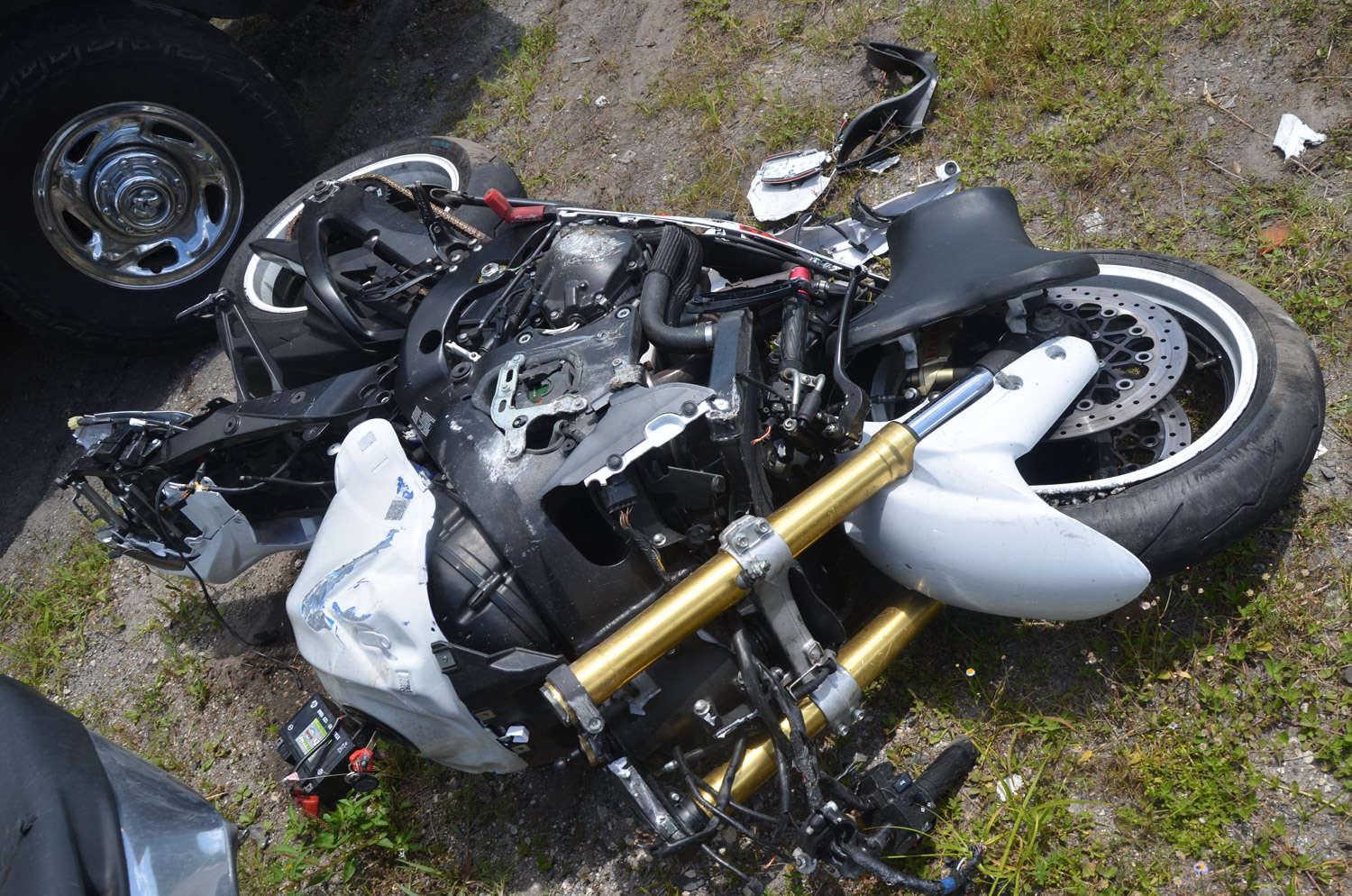 The 2015 Suzuki motorcycle after this morning's crash. Click on the image for larger view. (© FlaglerLive)
