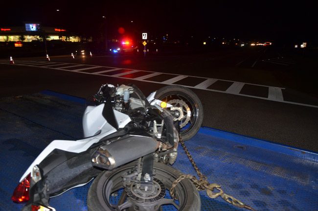 The motorcycle as it was getting ready to be towed from the scene at State Road 100 and Belle Terre Parkway this evening. (© FlaglerLive)