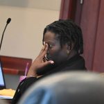 Assistant Public Defender Regina Nunnally, who represented Kwentel Moultrie, during Moultrie's testimony on the last day of trial last week. The jury could not reach a decision in the case. (© FlaglerLive)