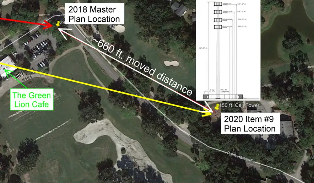 A group opposed to locating a 150-foot cell tower on the Palm Harbor Golf Club grounds produced a map showing the tower "moving" from an original location near the Green Lion restaurant to a different location. 