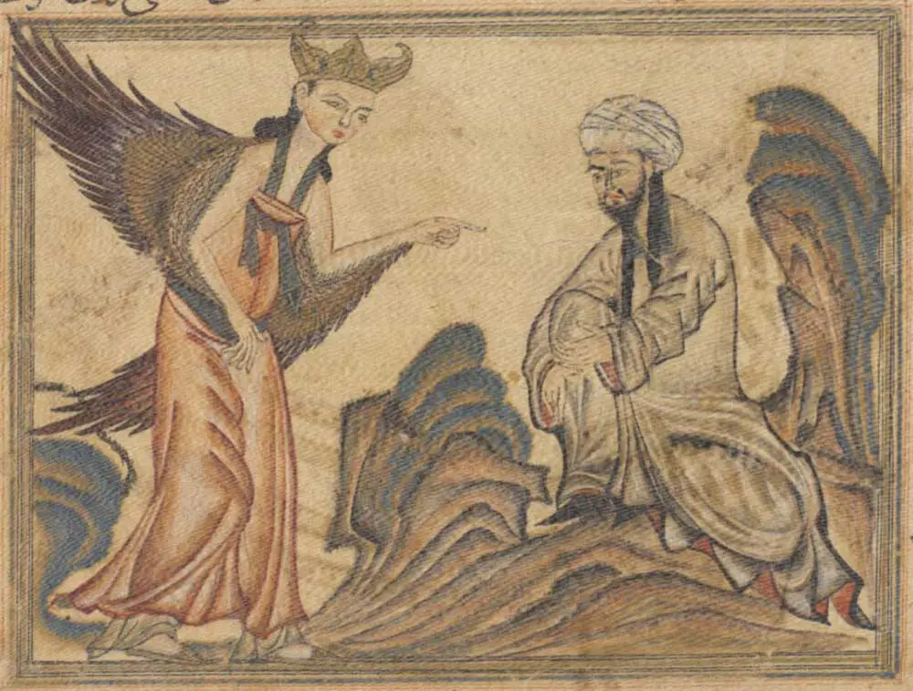 The first was a 14th century depiction of the Prophet receiving his first revelation from the archangel Gabriel, created by Rashīd al-Dīn, a Persian Muslim scholar and historian. 
