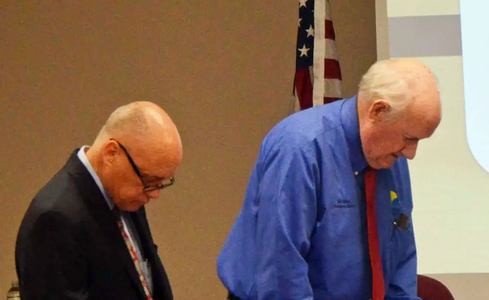 County Commissioners Donald O'Brien, left, and Dave Sullivan. For the third time in nine months this week they bowed to Joe Mullins's indecency. (© FlaglerLive)