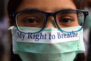 A young protester in India makes a statement about dangerous levels of air pollution.