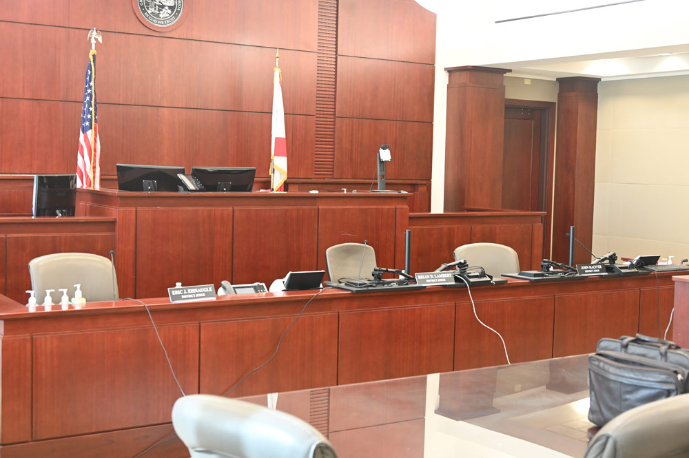 The three-judge panel's seats moments before the judges walked in this morning. The Court of Appeal does not permit photography when court is in session. (© FlaglerLive)
