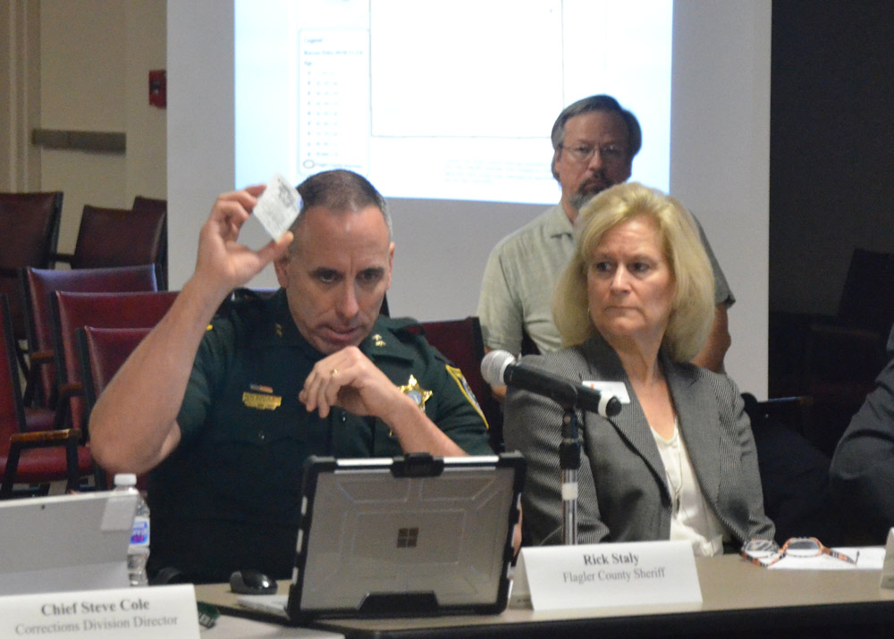 The Sheriff's Chief Paul Bovino holds up a dose of Narcan at today's meeting of the Public Safety Coordinating Council, which focused on the opioid crisis. (© FlaglerLive)