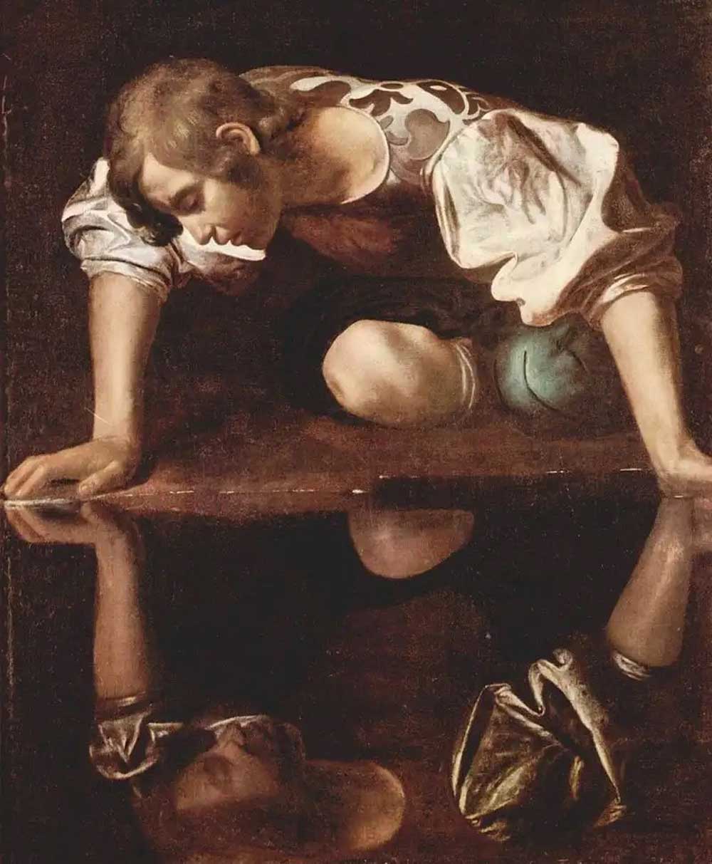 Narcissus (1594–1596) by Caravaggio. Oil on canvas. Galleria Nazionale d’Arte Antica, Rome, Italy. Source (Wikimedia Commons)