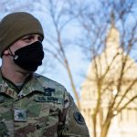 A member of the Delaware National Guard stand watch near the U.S. Capitol building, Washington D.C., Jan. 9, 2021. National Guard Soldiers and Airmen from several other states have traveled to the District to provide support to federal and district authorities leading up to the 59th Presidential Inauguration. (National Guard)