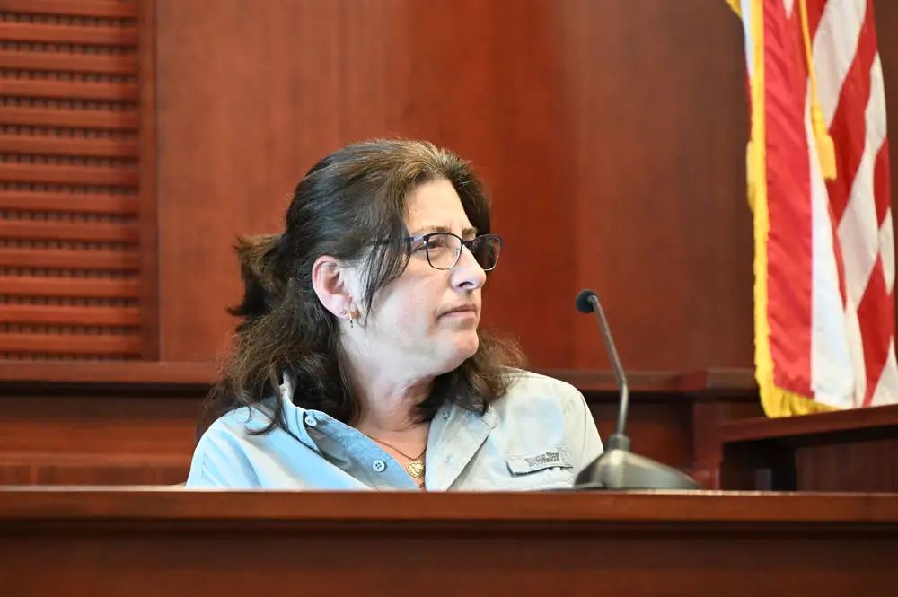 Joan Naydich on the stand today. (© FlaglerLive)