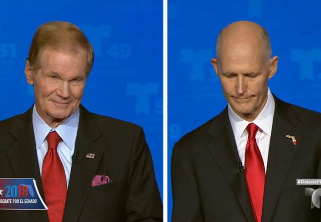Sen. Bill Nelson, left, and Gov. Rick Scott in today's debate. 