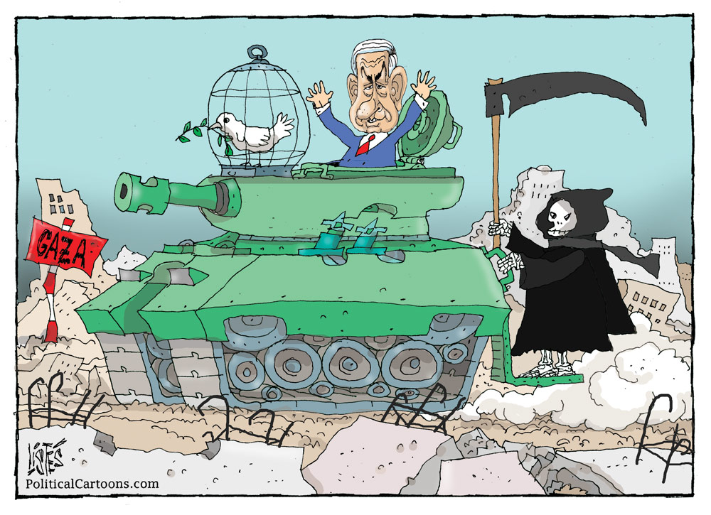 Netanyahu and his friends pass through Gaza, by Nikola Listes, Croatia, politicalcartoons.com