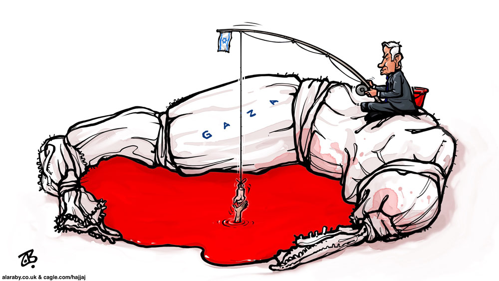 Netanyahu Fish Bloodbath Gaza War Coffin Ceasefire by Emad Hajjaj, Alaraby Aljadeed newspaper , London