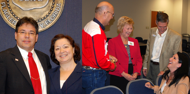 Nate McLaughlin with his wife Kelly (left), and Milissa Holland, seated, with Bunnell City Commissioner Elbert Tucker (left), Tax Collector Suzanne Johnston and Property Appraiser Jay Gardner Monday before the two commissioners took their oath of office. (© FlaglerLive)