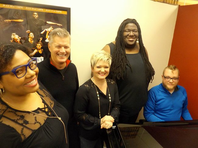 The cast of the City Repertory Theatre production of “Songs for a New World” includes, from left: Laniece Fagundes, Everett Clark, Chelsea Jo Conard and Aladdin Demps. At right is pianist Ben Beck, the musical’s accompanist and music director. (© FlaglerLive)