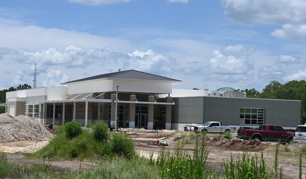 The Nexus Center, a south side library and the county's future home of its Health and Human Services division, is approaching completion off Commerce Parkway. (© FlaglerLive)