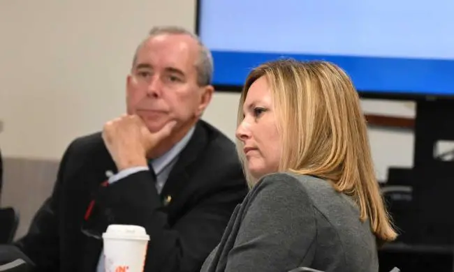 Palm Coast City Attorney Neysa Borkert addressing the ILA Oversight Committee on Thursday, with Palm Coast Mayor David Alfin in the background. (© FlaglerLive)