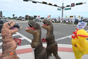 At the No Kings protest in Flagler Beach on Oct. 18. (© FlaglerLive)