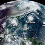 This image from NOAA's GOES-16 satellite on September 14, 2020, shows five tropical systems spinning in the Atlantic basin at one time. From left to right: Hurricane Sally in the Gulf of Mexico, Hurricane Paulette east of the Carolinas, the remnants of Tropical Storm Rene in the central Atlantic, and Tropical Storms Teddy and Vicky in the eastern Atlantic. A total of 10 named storms formed in September 2020 — the most for any month on record. (NOAA)