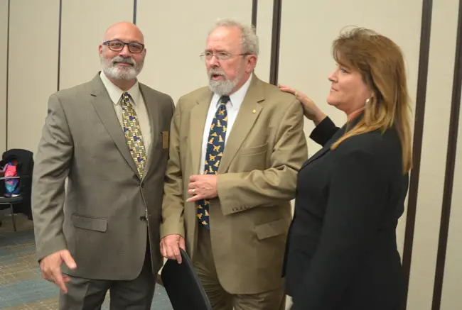 Palm Coast Council member Bob Cuff, center, has consistently ensured with his tie-breaking positions that charter-review proposals by Steve Nobile, left, and Heidi Shipley, right, did not get far. (© FlaglerLive)