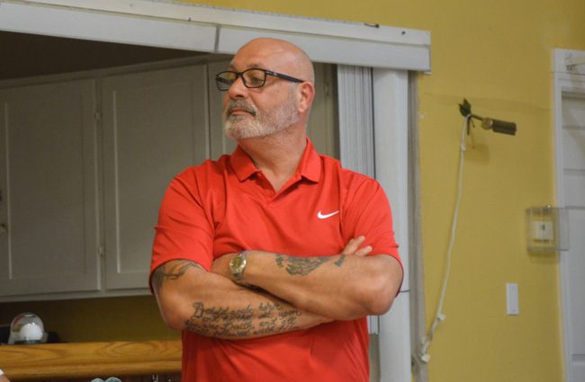 Palm Coast Council member Steven Nobile, seen here at a recent community meeting on a controversial path through the F Section, was outmaneuvered today during a council meeting discussion centered on the same controversial project. (c FlaglerLive)