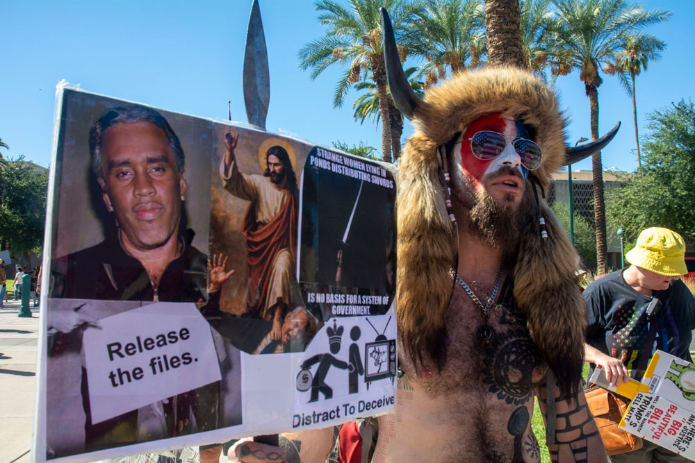 Jacob Chansley, known to most as the “Q Shaman,” was at a No Kings event at the state capitol in Phoenix on Oct. 18, 2025. (Photo by Jerod MacDonald-Evoy)