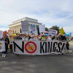 Hundreds marched across the Arlington Memorial Bridge to the No Kings day rally in Washington, D.C., on Saturday, Oct. 18, 2025. (Photo by Ashley Murray/States Newsroom)