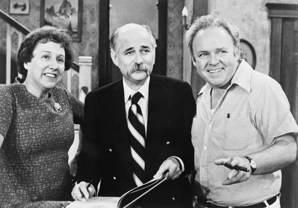 Producer Norman Lear on the set of his hit TV series ‘All In The Family,’ standing between its stars, Jean Stapleton and Carroll O'Connor. 