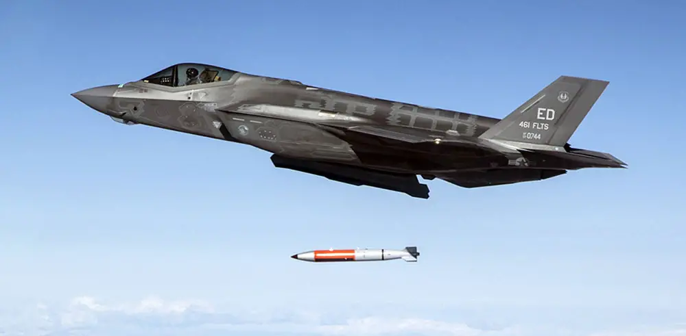 If the B61-12 is ever used, it will be ballistically air delivered in either gravity or guided drop modes. It is being certified for delivery by current strategic and dual-capable aircraft, as well as future aircraft platforms. Here, a U.S. Air Force F-35 Lightning performs a drop test of a B61-12. Credit: DOD's F-35 Joint Program Office