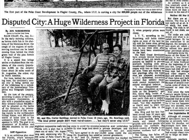 The January 6, 1974 article in The New York Times about Palm Coast, when ITT was projecting a city of 600,000 by the turn of the century. (© FlaglerLive via New York Times)