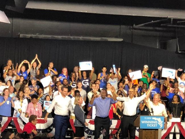 Former President Barack Obama with Andrew Gillum and Bill Nelson in Miami Friday. (NSF)