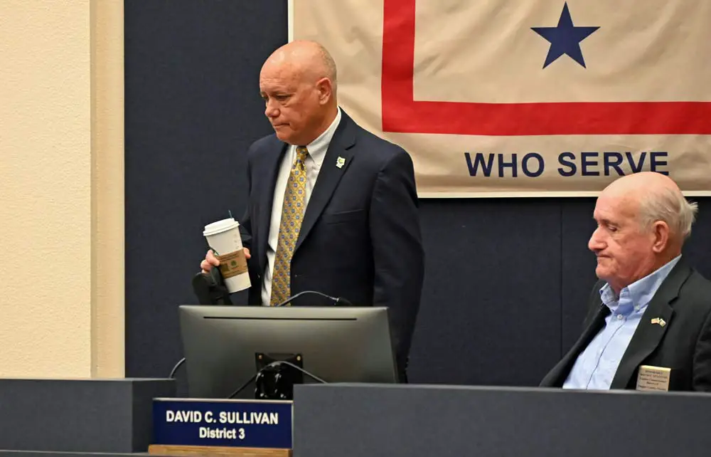 County Commissioner Donald O'Brien, left, says the county would assume all the political risk if it were to approve a new sales tax, while Commissioner Dave Sullivan said the proposal will need all the city's support if it is to fly. (© FlaglerLive)