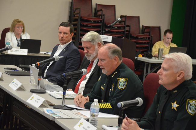 The officials at the center of the issue: from left, Clerk of Court Tom Bexley, County Administrator Jerry cameron, Sheriff Rick Staly and Sheriff's Chief Mark Strobridge. (c FlaglerLive)