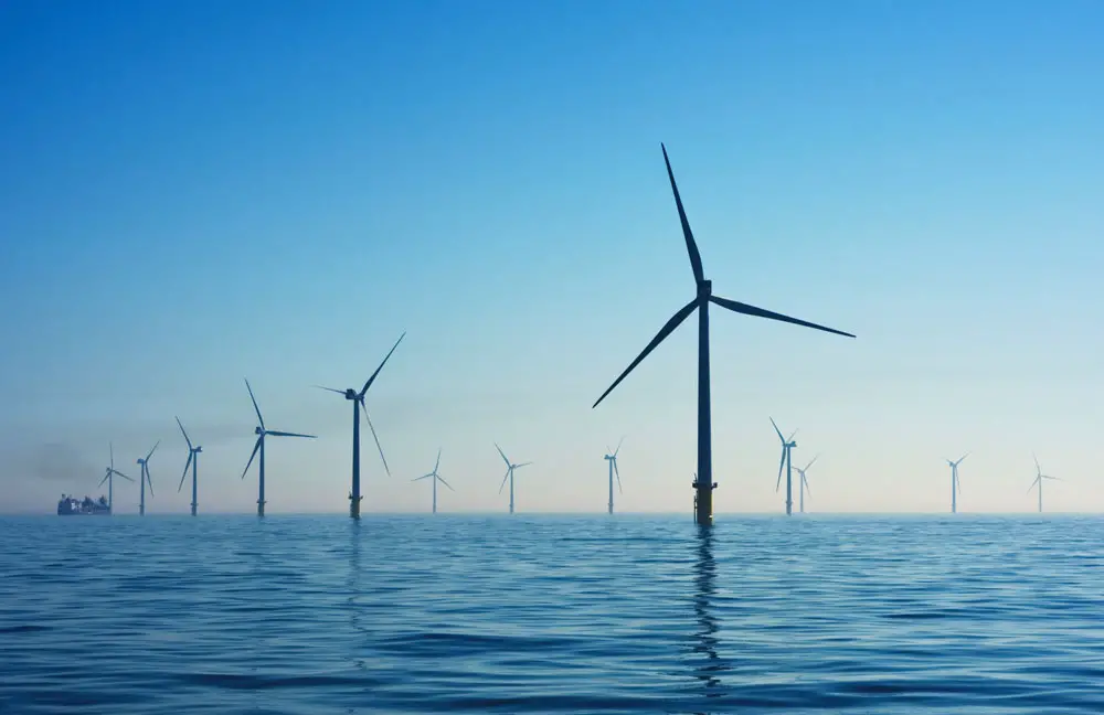 An offshore wind turbine farm in Britain. 