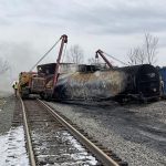 Several cars that contained hazardous chemicals burned after the Feb. 3, 2023, derailment. (U.S. Environmental Protection Agency)